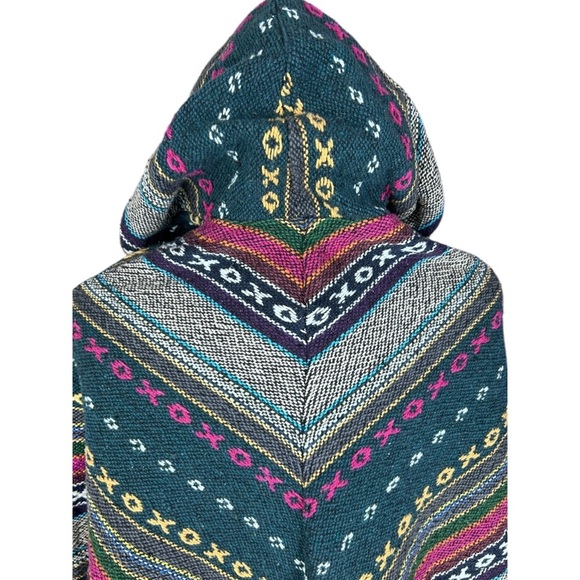 BoHo Wool Poncho Hooded Cape Handmade Hippie India Festival Unisex X's O's - Picture 6 of 16